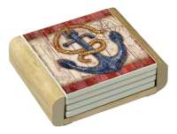 Sea Anchor Nautical Coastal 4 Stone Coasters-Wood Holder