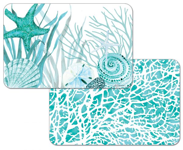 * - 4 Rectangular Plastic Placemats Aqua Teal Blue Coral Life