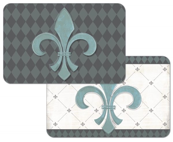 ! 4 Reversible Plastic Placemats Teal Fleur de Lis