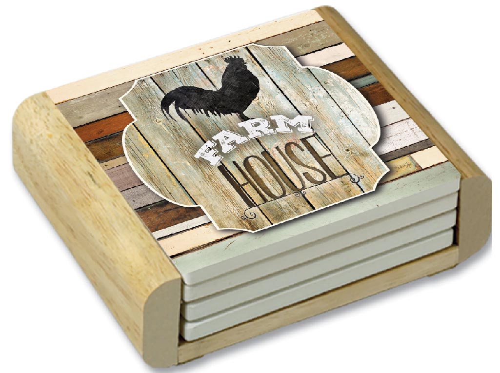 * 4 Farmhouse Rooster Stone Coasters w/Holder